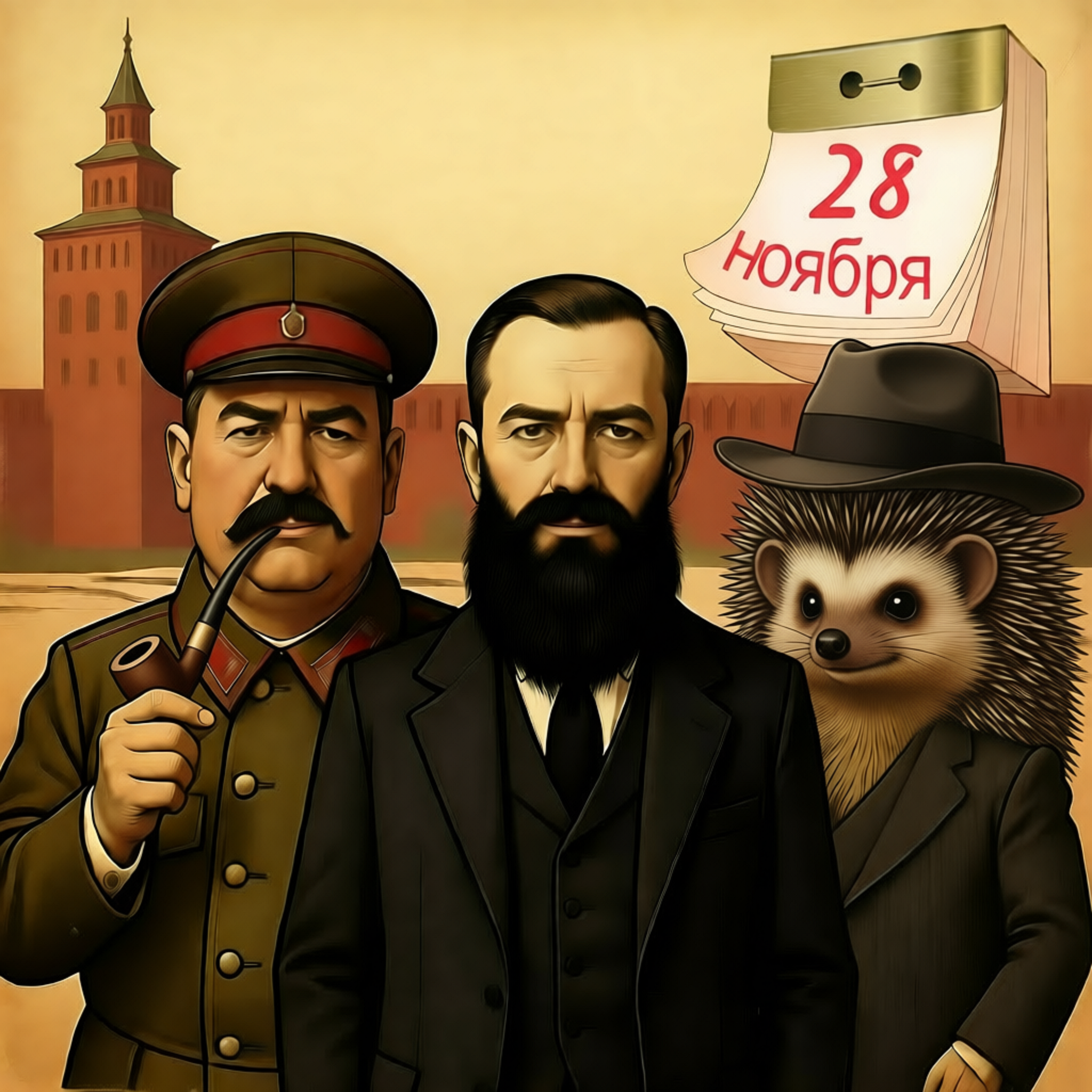 Сталин, Энгельс и пьяный ёжик в шляпе.