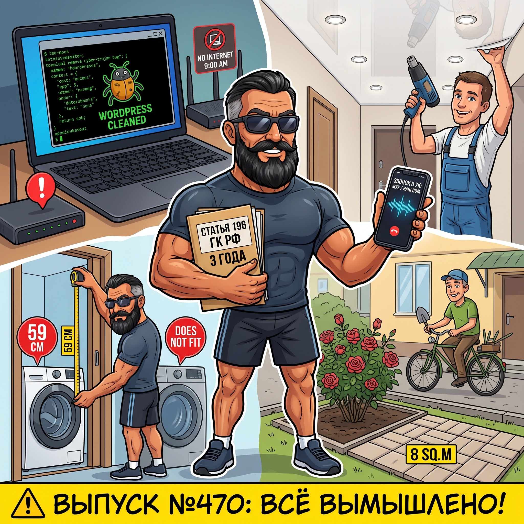 Выпуск №470: Разнос коммунальных вымогателей за мать по 196-й статье ГК, натяжные потолки с Вадимом, зачистка шеллов на WordPress и замер двери под стиралку episode artwork